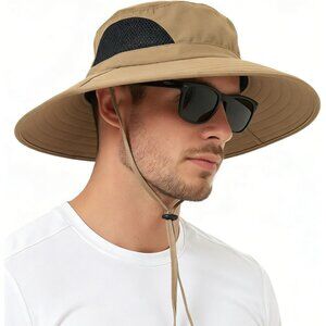 Unisex Camel 100% Polyester Wide Brim Mesh Vents With Chin Strap Fishing Sun Hat